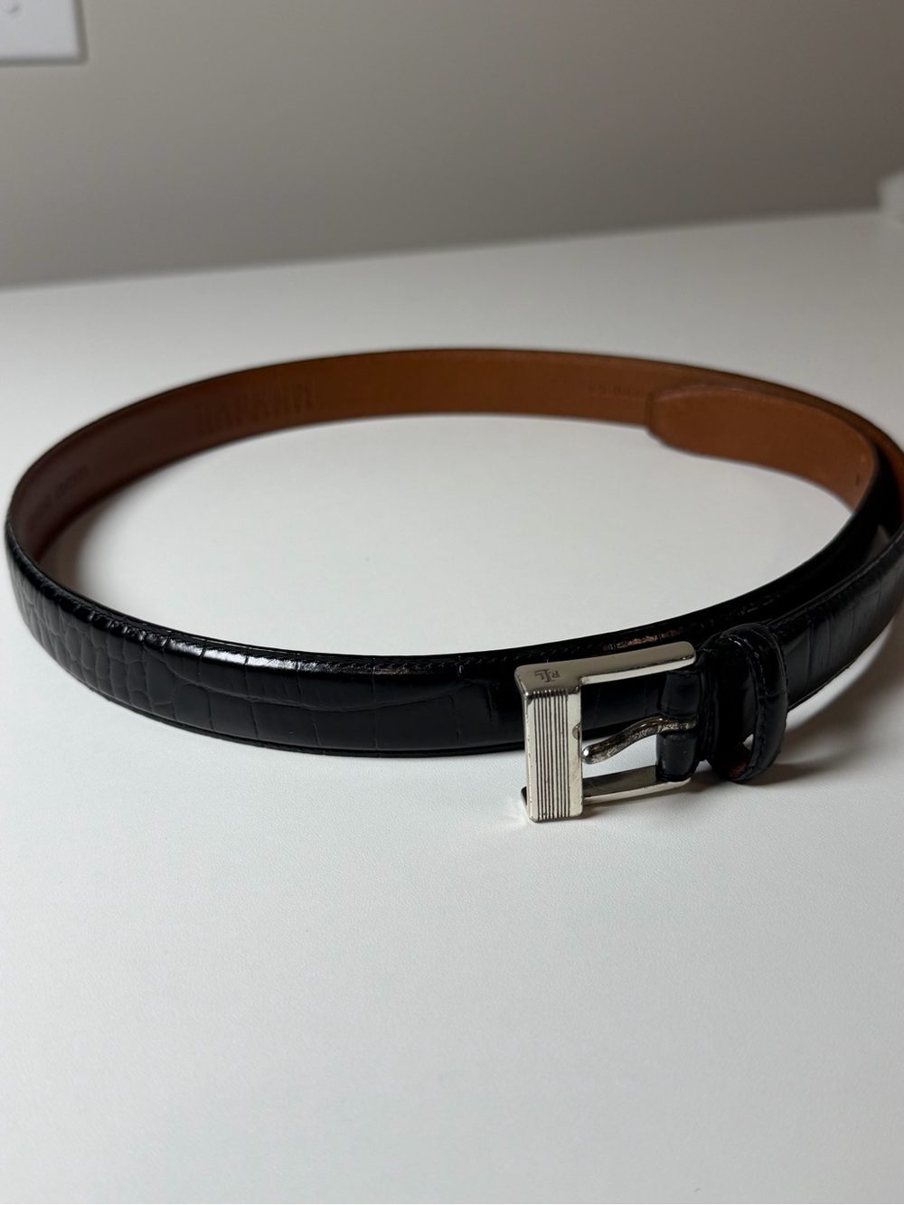 Ralph Lauren Size Large Black Croc-Embossed Leather Belt with Silver Buckle